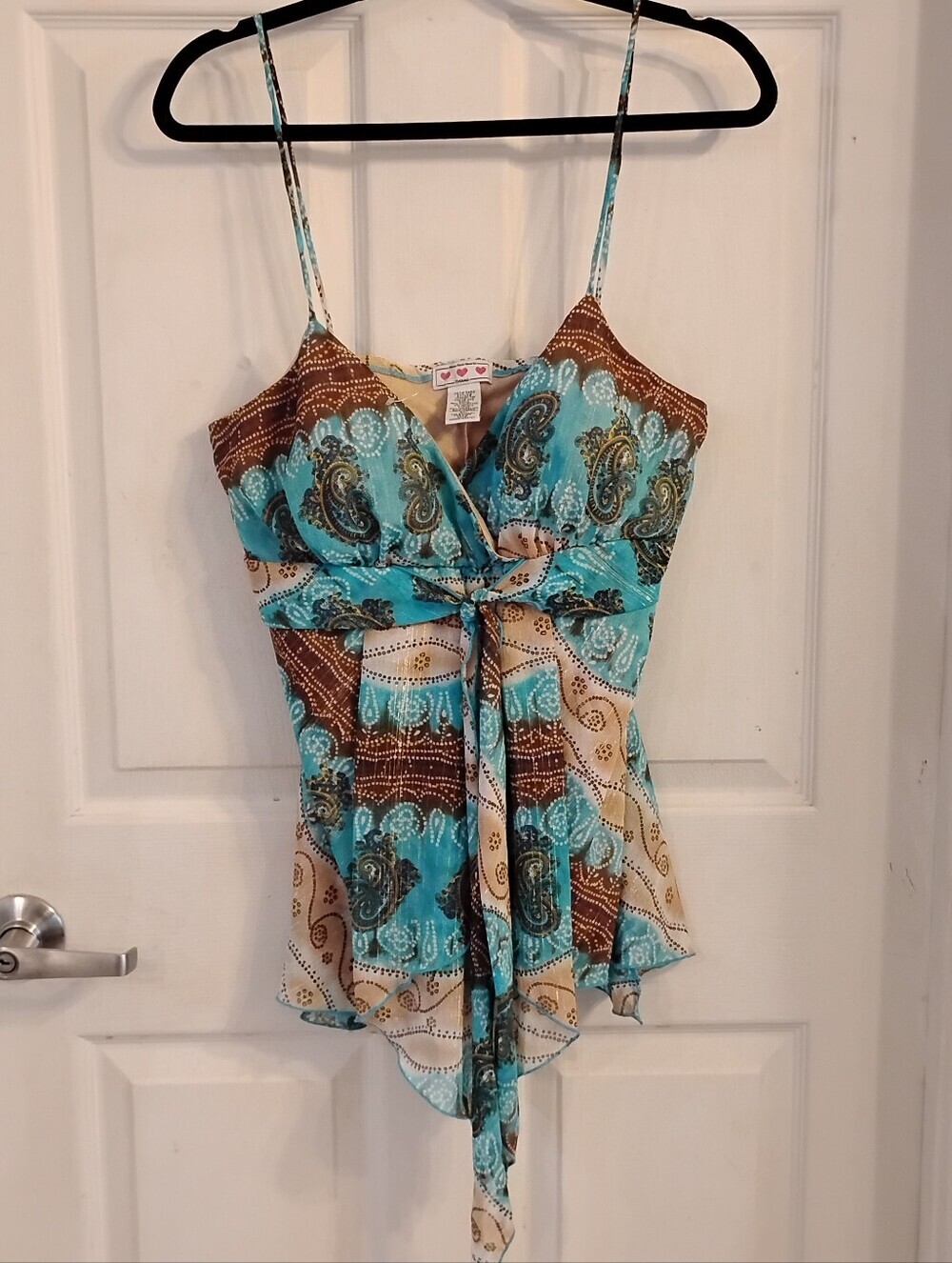 Three Pink Hearts Turquoise & Brown Paisley Spaghetti Straps Top, Size: XL